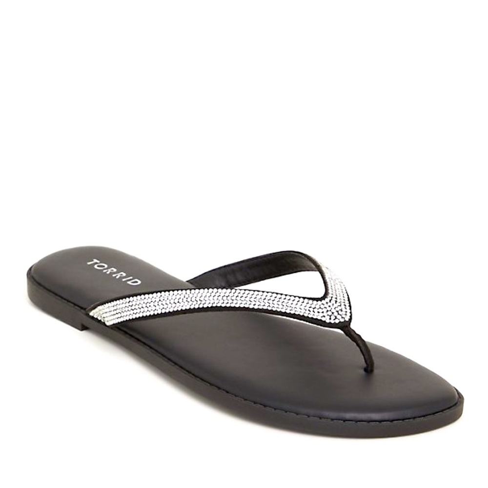Torrid Black Rhinestone Faux Leather Flip Flops